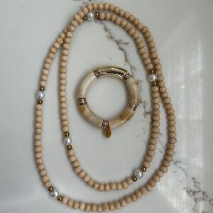 Necklace and bracelet  Boho Chic Natural Wood Bead Necklace with Pearl Accents